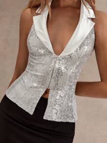 Glamine Women's Fashionable Sexy Sequin Backless Halter Vest Waistcoat, Summer - White - View 6