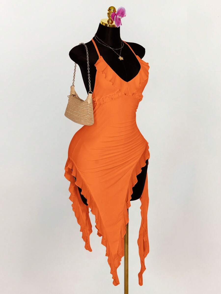 Amplova Deep V-Neck Ruffled Asymmetrical Hem Flounce Tied Bodycon Halter Dress Orange Dress Summer Dress Vacation Dress Orange Ruffle Dress,Party Dresses For Women - Burnt Orange - View 1