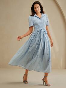 Anewsta Đầm dài rộng rãi có cổ tay ngắn, thắt eo cho nữ - Màu xanh nhạt - Xem 3