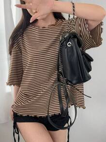 FRIFUL Women's Brown And White Wavy Frill Trim Striped Loose Tee,Summer Casual City Break Short Sleeve Contrast Trim Top,Outdoor Aesthetic Back To School - Rust Brown - View 6
