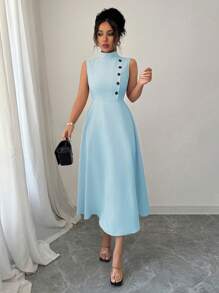 Elenzga 优雅度假休闲无袖中长连衣裙，带装饰纽扣，春夏 - 藍色 - 查看 6
