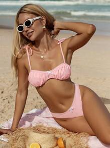 Swim Mod Vacation Beach Sexy Cute Ruffle Bowknot Pink Bikini Set For Summer - Pink - View 6