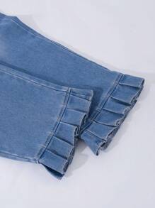 1pc Teen Girl Flare Hem Pocket Design Casual Trousers, Versatile & Cute - Light Wash - View 7