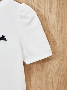 SHEIN 1pc Tween Girls Bow Decor Peplum Short Sleeve Dress, Loose Fit, Spring/Summer - White - View 7