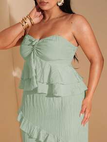 SHEIN BAE 加大码女式黄色和浅黄色褶皱荷叶边下摆紧身长裙，适合度假、情人节约会、婚礼宾客、派对、假日长滩裙、性感露肩长裙 - 薄荷綠 - 查看 5