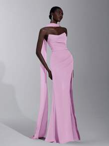 SHEIN Belle 优雅浪漫雪纺哑光层叠荷叶边露肩修身美人鱼伴娘礼服 - 粉色 - 查看 7