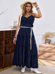 LanaWest Women's Layered Ruffle Hem Maxi Camisole Dress - Navy Blue - View 5