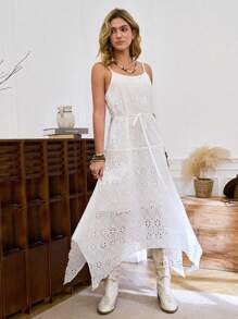 LanaWest Nuevo estilo Vestido con tirantes asimétrico, diseño estilizador, de vacaciones en la playa con bordado jacquard y calado, con lazo en la cintura - Blanco - Ver 5