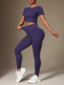 Slayform Women Simple Solid Color High Elastic Seamless Sportswear Set Workout Women Sets - Bold Plum - View 6