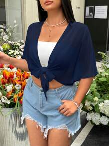 GalTyme Áo nữ tay ngắn màu xanh hải quân xuyên thấu cỡ lớn, thiết kế thắt nút. - Màu xanh hải quân - Xem 3