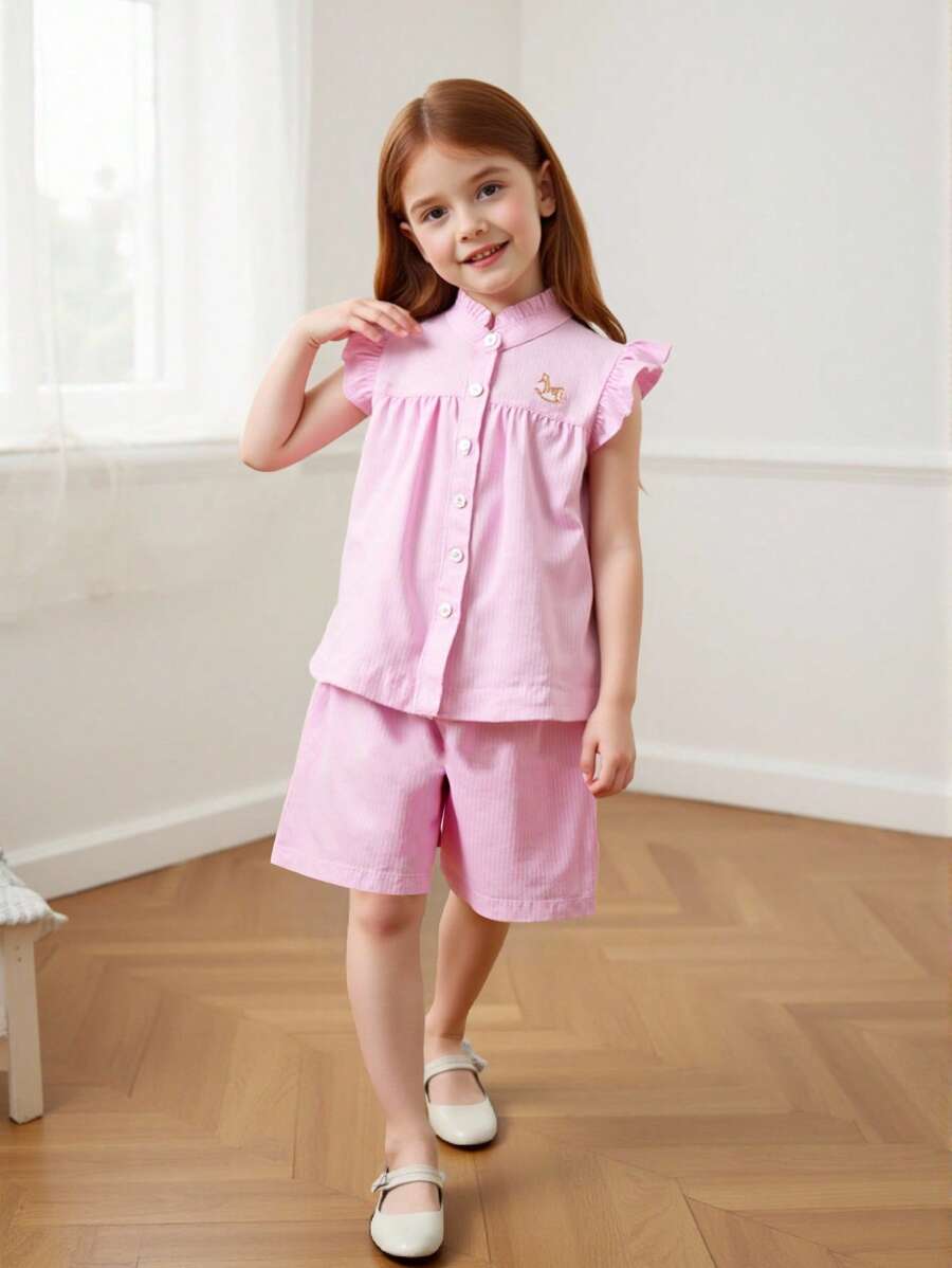 SHEIN 年轻女孩优雅甜美可爱校园风粉色条纹无袖上衣搭配同色短裤套装,夏季 - 粉色 - 查看 1