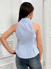 SHEIN 青少年女孩优雅休闲正式有领无袖褶皱条纹 A 字形纽扣衬衫上衣