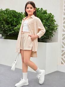 3 PiecesTween Girl Casual/Home Loose Drop Shoulder Lapel Button-Up Woven Texture Shirt, Fitted Stretchy Knit Camisole And Matching Shorts Set, Khaki & Apricot, Suitable For Home, Outgoing, Back To School And More Occasions