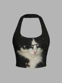 SHEIN EZwear Women's Casual Minimalist Punk Cat Eye Sexy Bodycon Halter Tank Top, Suitable For Summer, Y2K Style Back To School - Multicolor - View 2