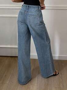 Livesso 女式宽松休闲直筒牛仔裤，带口袋，女士休闲纽扣、口袋、拉链自然阔腿长蓝色宽松女式牛仔裤，春/秋，休闲日常穿着 - 藍色 - 查看 2