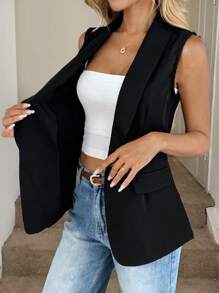 Easowa 秋冬季夏季女式纯色无袖系带前开襟西装外套 - 黑色 - 查看 8
