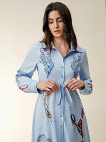 Anewsta 女士时尚印花腰带连衣裙 - 藍色 - 查看 3