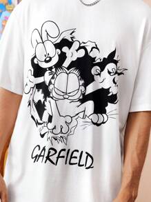 GARFIELD | SHEIN Men's Letter & Cartoon Print Round Neck Drop Shoulder Oversize Short Sleeve T-Shirt, Summer - White - View 1