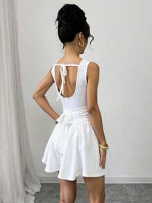 Elenzga Women's Summer Solid Square Neck Sleeveless Pleated Casual Mini Dress - White - View 2