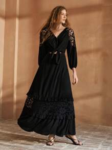 MOTF PREMIUM LINEN CONTRAST LACE CUT OUT DRESS - Black - View 4