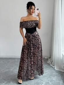 Rafferiza 女式优雅修身露肩豹纹网眼针织连衣裙