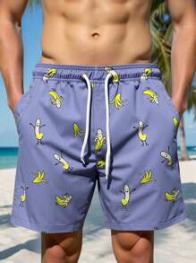Manfinity Swimmode Shorts casuales de playa con estampado de plátano para hombres, ideal para vacaciones de verano