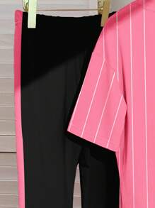 SHEIN Tween Girls Casual Minimalist Short Sleeve Top And Long Pants 2 Pieces Set, Suitable For Summer - Multicolor - View 5