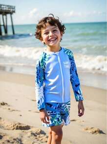 男童热带植物印花插肩袖上衣和短裤两件套泳衣，丝网印花设计 - 青檸色 - 查看 2