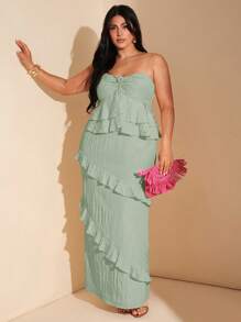 SHEIN BAE 加大码女式黄色和浅黄色褶皱荷叶边下摆紧身长裙，适合度假、情人节约会、婚礼宾客、派对、假日长滩裙、性感露肩长裙 - 薄荷綠 - 查看 1