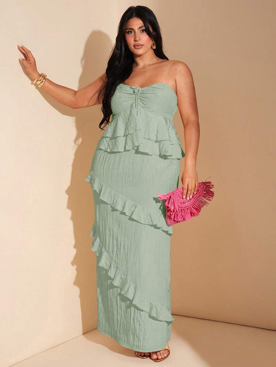 SHEIN BAE 加大码女式黄色和浅黄色褶皱荷叶边下摆紧身长裙，适合度假、情人节约会、婚礼宾客、派对、假日长滩裙、性感露肩长裙 - 薄荷綠 - 查看 1