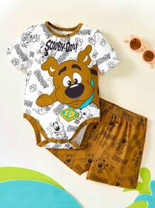 SCOOBY-DOO X SHEIN 2 pezzi/set, body e pantaloncini estivi per bambino con stampa di cani cartoni animati e profili a contrasto