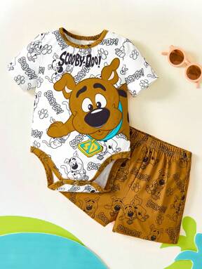 SCOOBY-DOO X SHEIN 2pcs/Set Baby Boy Cartoon Dog Print Contrast Trim Bodysuit & Shorts Summer Set