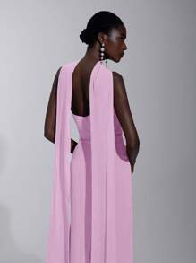 SHEIN Belle 优雅浪漫雪纺哑光层叠荷叶边露肩修身美人鱼伴娘礼服 - 粉色 - 查看 4