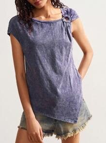 Bohemela 休闲纯色针织修身圆领背心 女士棉质上衣 女士夏季棉质上衣 女士圆环细节上衣 女士夏季上衣 不对称上衣 - 藏蓝色 - 查看 5