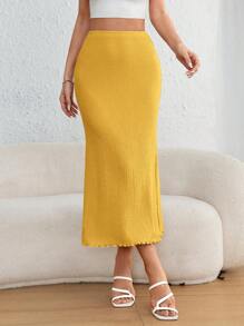 SHEIN PETITE CURVE Váy xòe đuôi cá màu trơn cỡ lớn cho nữ - Màu vàng - Xem 3
