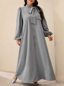Al Najma Váy Abaya rộng rãi cổ chữ V tay đèn lồng màu trơn cho nữ cỡ lớn - Xám - Xem 5
