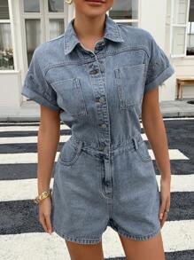 Livesso 女士夏季短袖牛仔连体裤