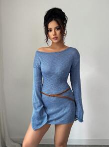 Chiquease Off Shoulder Tight Fit Thin Bodycon Dress Fall Cloth For Women - Dusty Blue - View 5