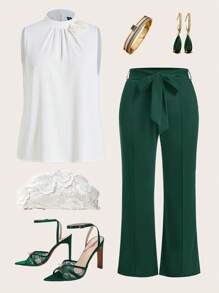 Ellevyn Pantalones de talla grande de un solo color con cinturón - Verde Oscuro - Ver 1
