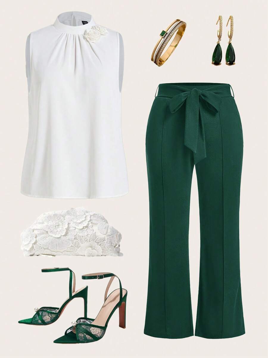 Ellevyn Pantalones de talla grande de un solo color con cinturón - Verde Oscuro - Ver 1