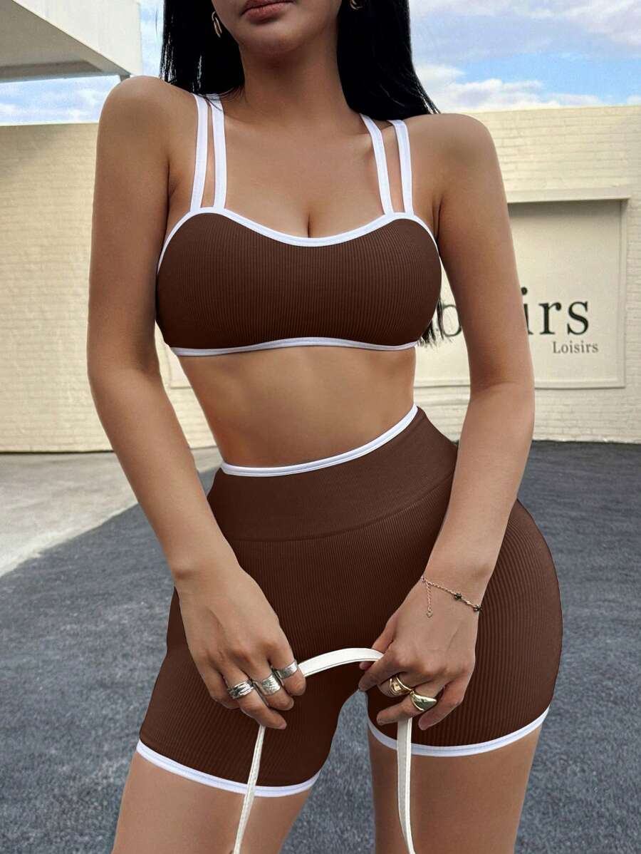 Easithlete Bộ 2 chiếc/Bộ đồ tập thể thao liền mạch co giãn cao áo ngực và quần short dành cho nữ - màu nâu - Xem 1