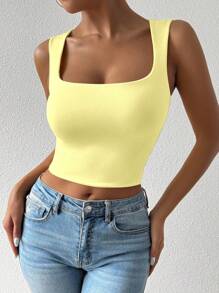 SHEIN Unity Square Neck Sleeveless Tank Top,Summer,Basic Going Out Tank Top,Vacation,Office - Yellow - View 6
