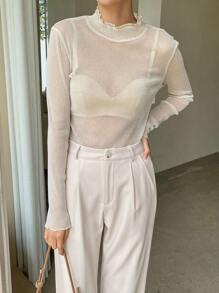 DAZY Lettuce Trim Mock Neck Mesh Top Without Bra Sheer Long Sleeve Women Tops,Fall Women Clothes - Beige - View 4