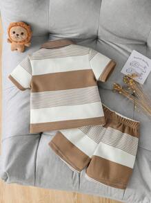 SHEIN Playful Pals 男婴婴儿休闲可爱熊刺绣徽章不对称条纹短袖 Polo 衫和短裤套装，适合夏季