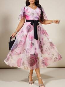 Modelyn Plus Size Floral Print V-Neck Belted Short Sleeve Elegant Dress