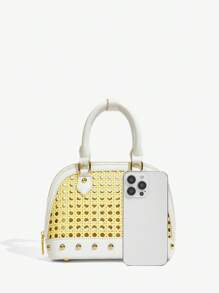 SHEIN SXY Ladies, Women Top Handle Bags, Rattan Hollow, Splicing PU, Rivets, Fashionable, Elegant, Simple, Personalized, Versatile, For Commute, Office, Date, Daily, Shopping, Afternoon Tea - Multicolor - View 5
