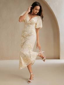 Anewsta 女士优雅 V 领修身长款中长连衣裙，短袖，春夏 - 杏色 - 查看 1