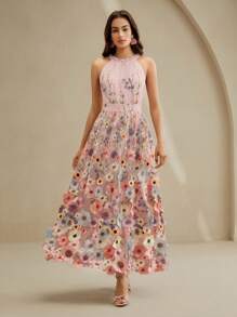 Anewsta 优雅刺绣3D花卉长裙 - 杏色 - 查看 4