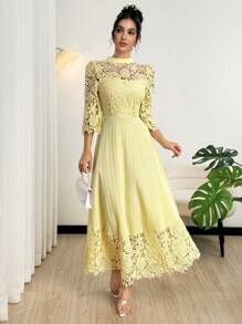 Modelyn Yellow Eyelet Embroidery Patchwork Maxi Long Sleeve Dress For Women - Yellow - View 7