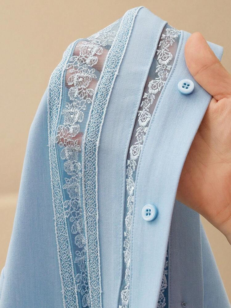 Spring New Fashion Vacation Style Lace Trim Patchwork Hollow Out Sheer Long Sleeve Polo Collar Blouse For Women